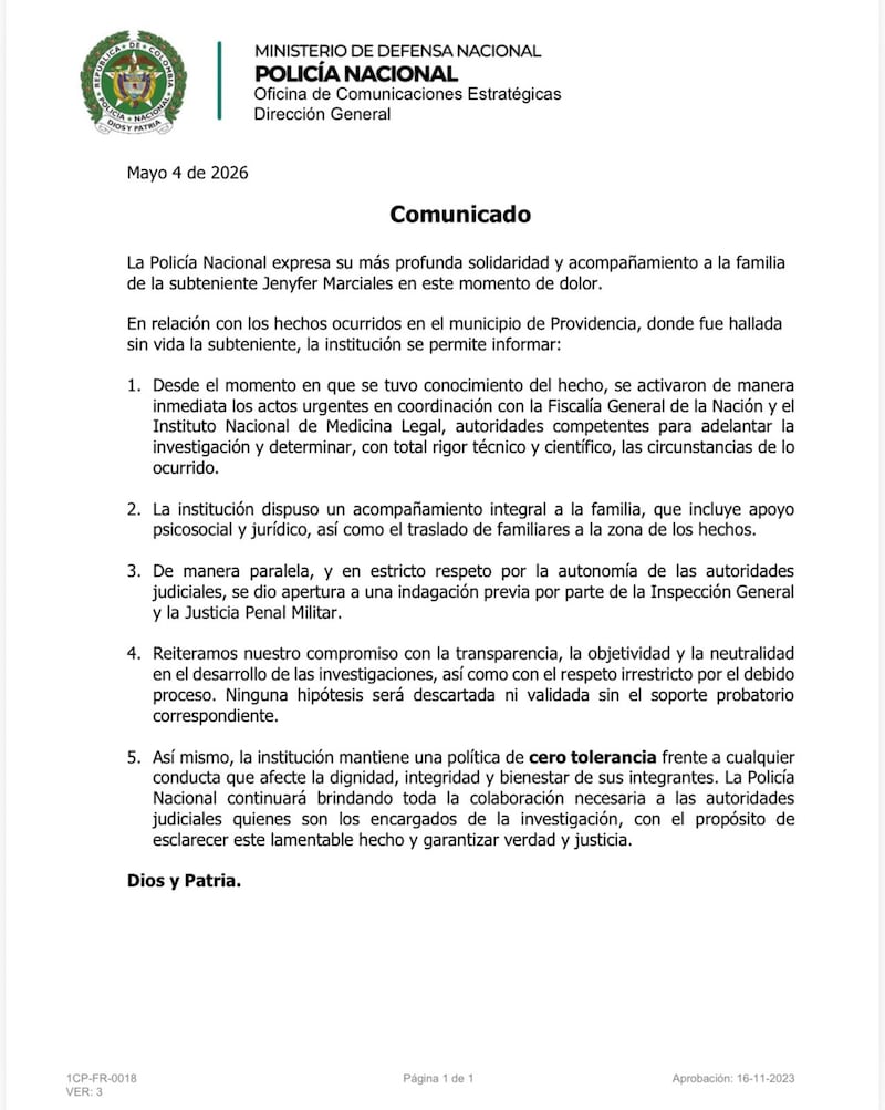 Foto Policía Nacional abre investigación por muerte de Jenyfer Alexandra Marciales Londoño en Providencia: familia rechaza suicidio.