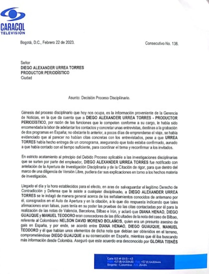 Foto carta decisión final de Caracol TV a caso de periodista Diego Urréa.