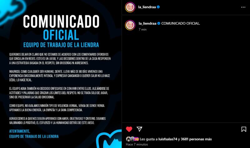Desde las redes sociales de La Liendra se publicó un comunicado en rechazo a las situaciones que se han vivido tras su decisión con el reality de RCN.