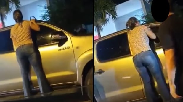 Video de mujer que se cuelga en camioneta para bajar a la amante de su pareja.