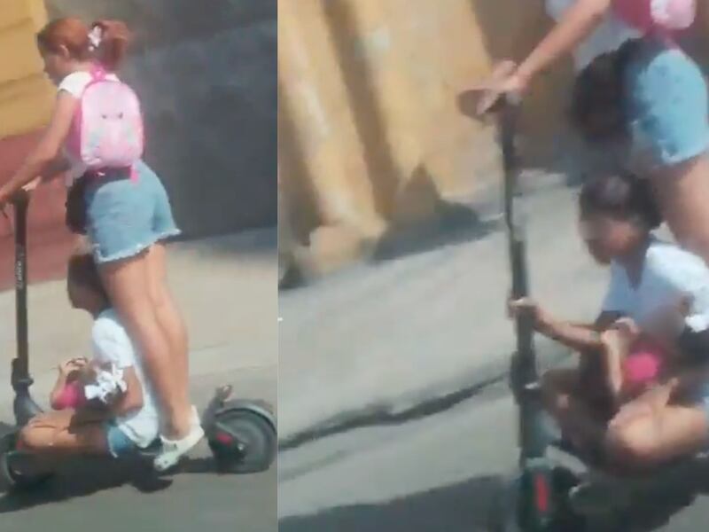 ¡Insólito! un mujer fue captada arriesgando la vida de una niña y una bebe en una patineta eléctrica