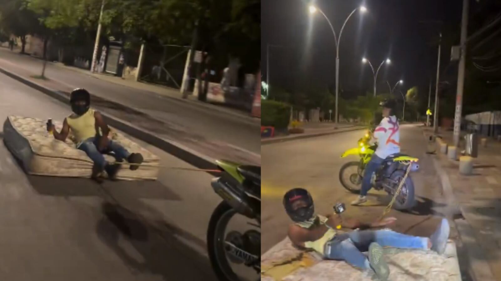 Así se paseó joven por las calles de Santa Marta, acostado en un colchón y jalado por una moto. Tomado de redes sociales.