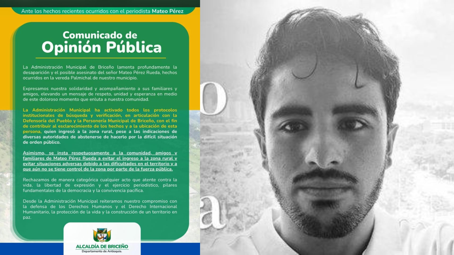 Comunicado sobre Mateo Pérez.