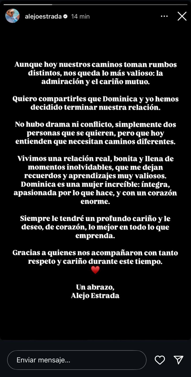 Alejandro Estrada confirma ruptura con Dominica Duque