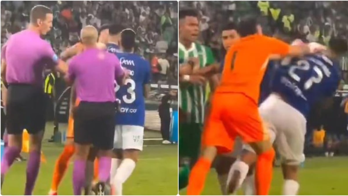 Desde abajo, el manotazo y empujón de David Ospina a Rodrigo Contreras que no se vio en tv