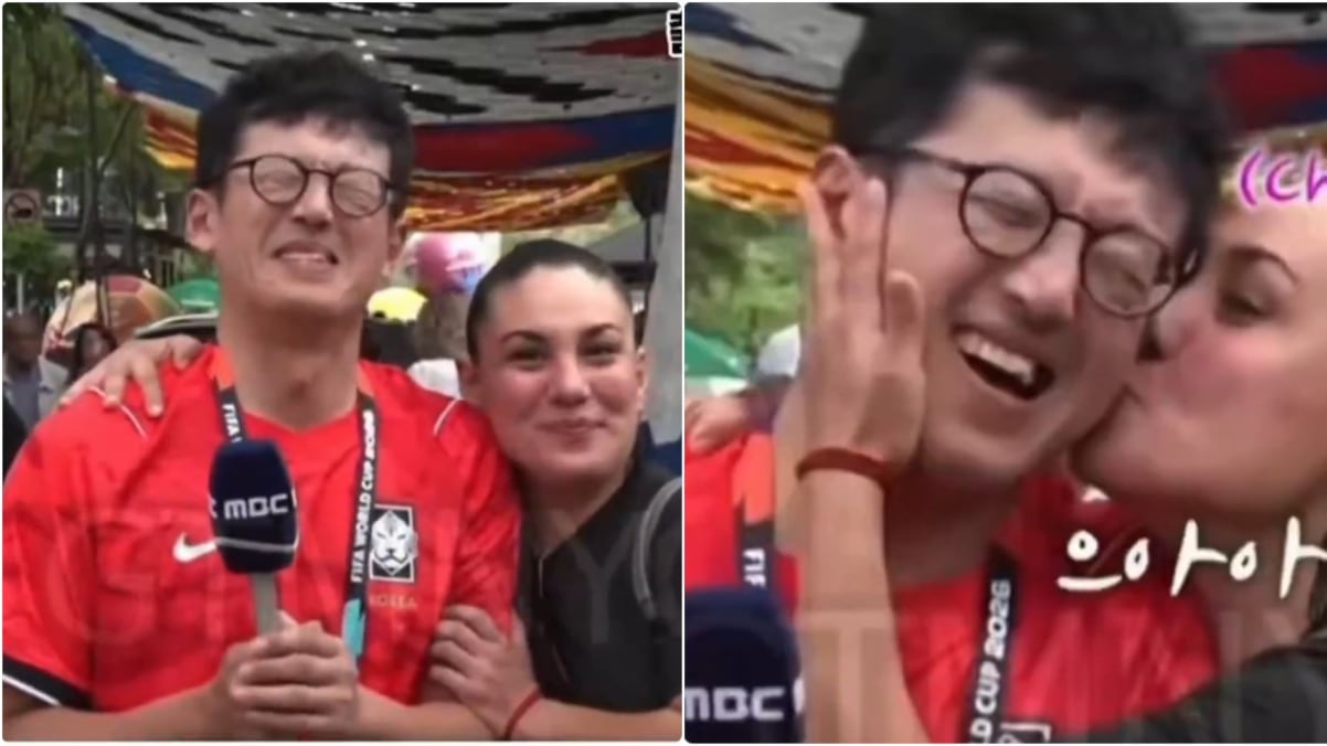 ¿Acoso? periodista coreano fue besado por aficionada mientras hacía reporte en vivo