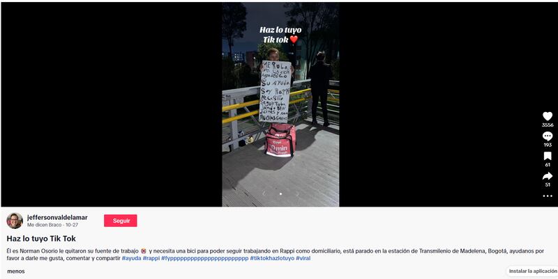 Repartidor de Rappi pide donaciones para comprar bicicleta que le habían robado en Bogotá