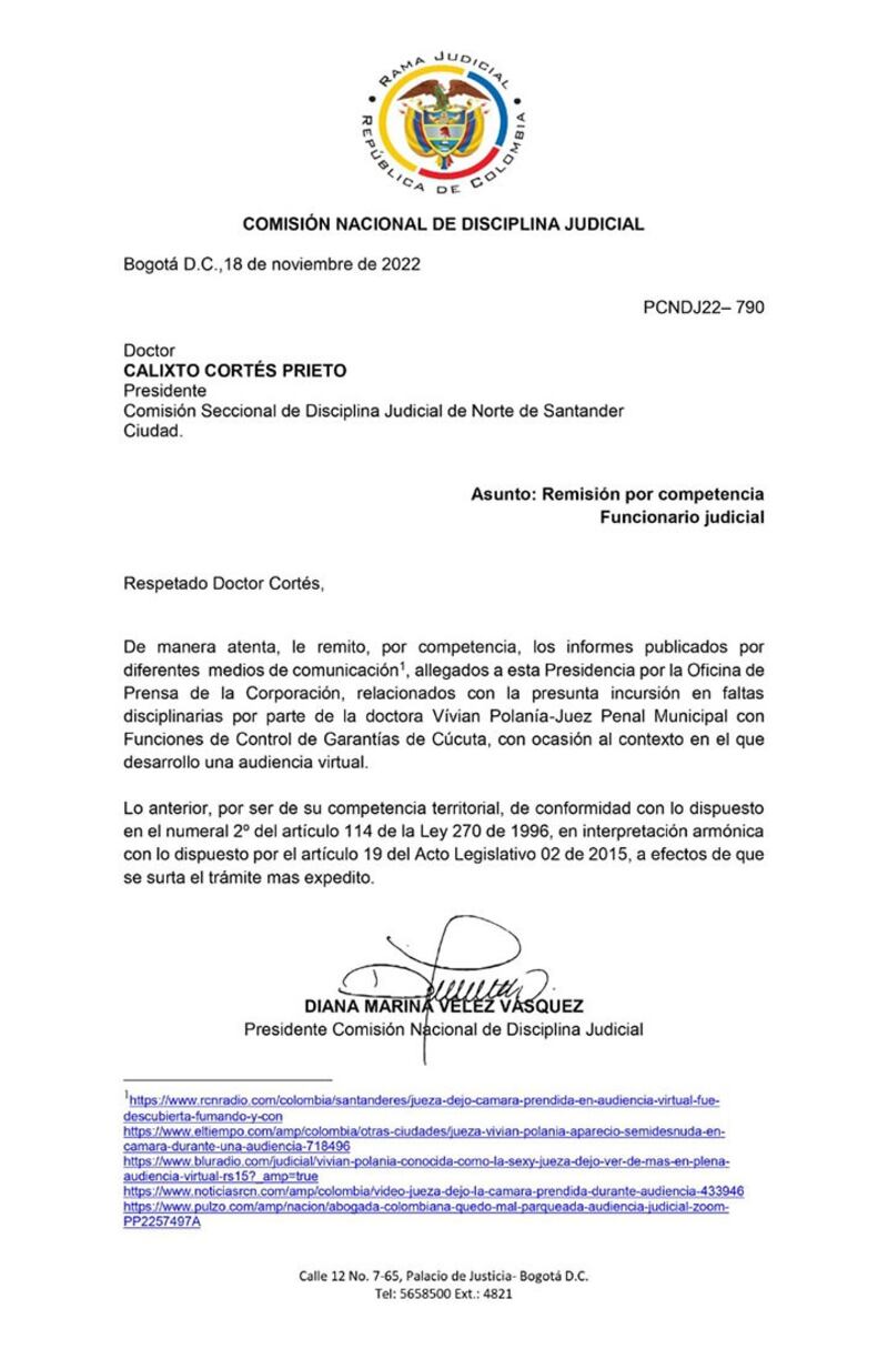 Documento de la investigación a la jueza Vivian Polania.