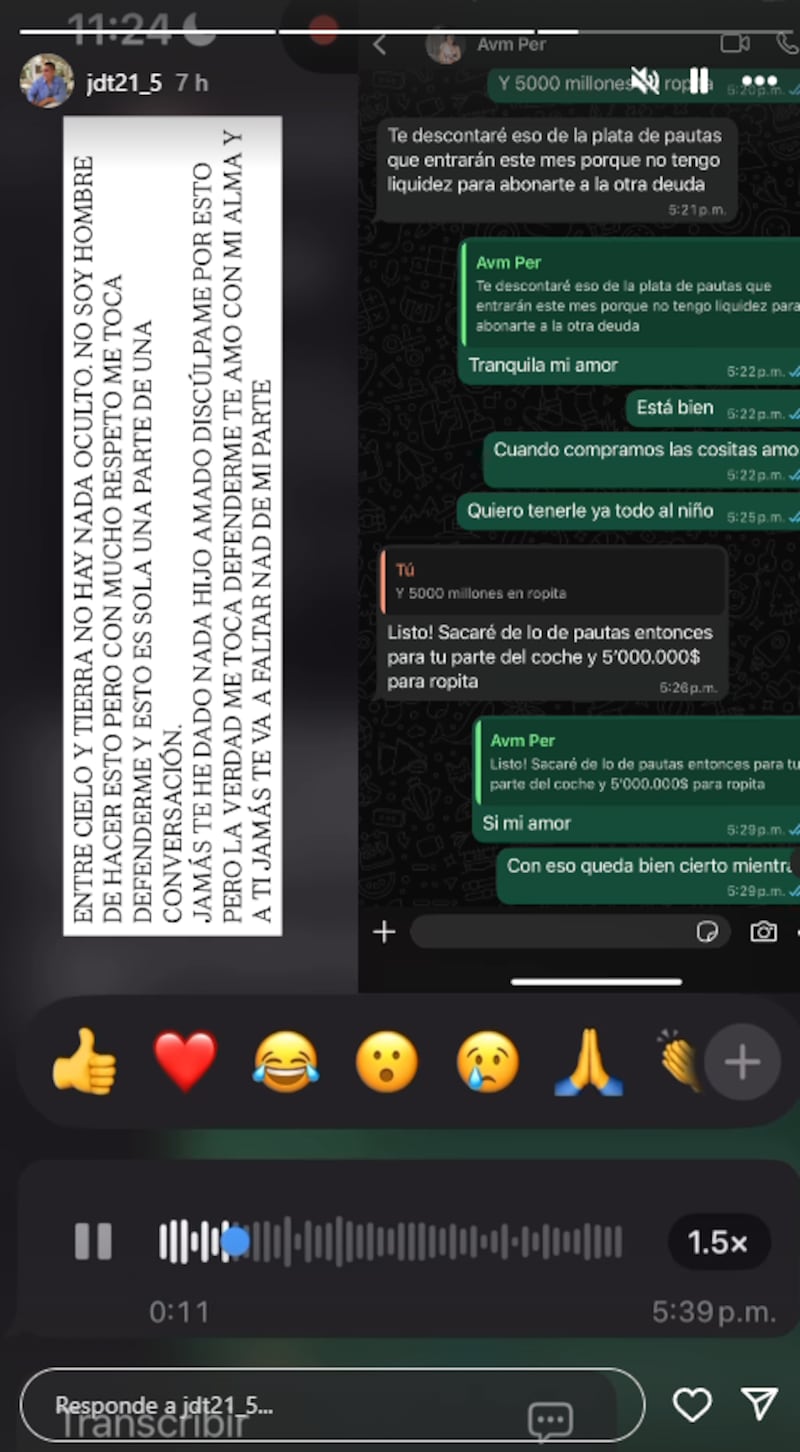 Juan David Tejada mostró chats en los que da a conocer el dinero que le da a Aida para los gastos del bebé