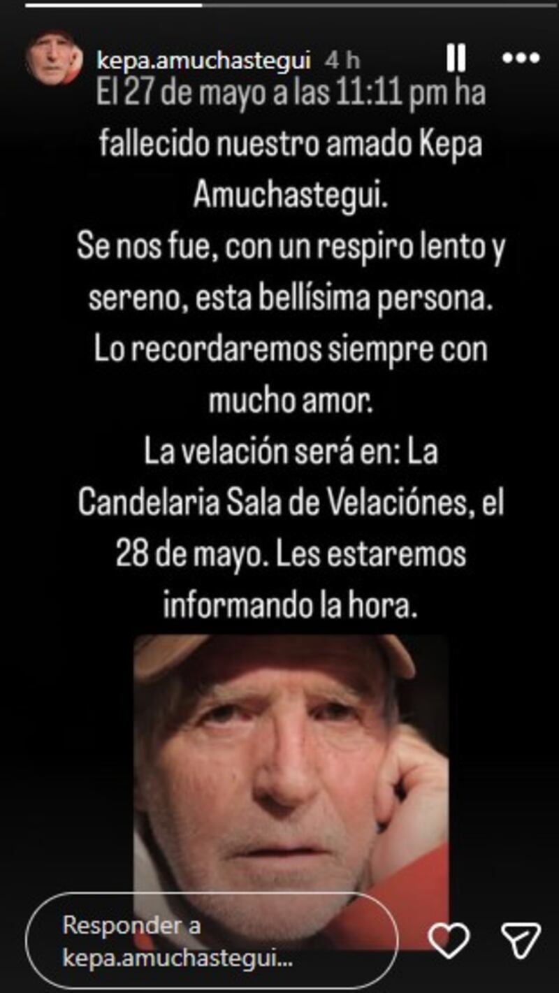 Foto del anuncio del fallecimiento del actor Kepa Amuchastegui en sus redes.