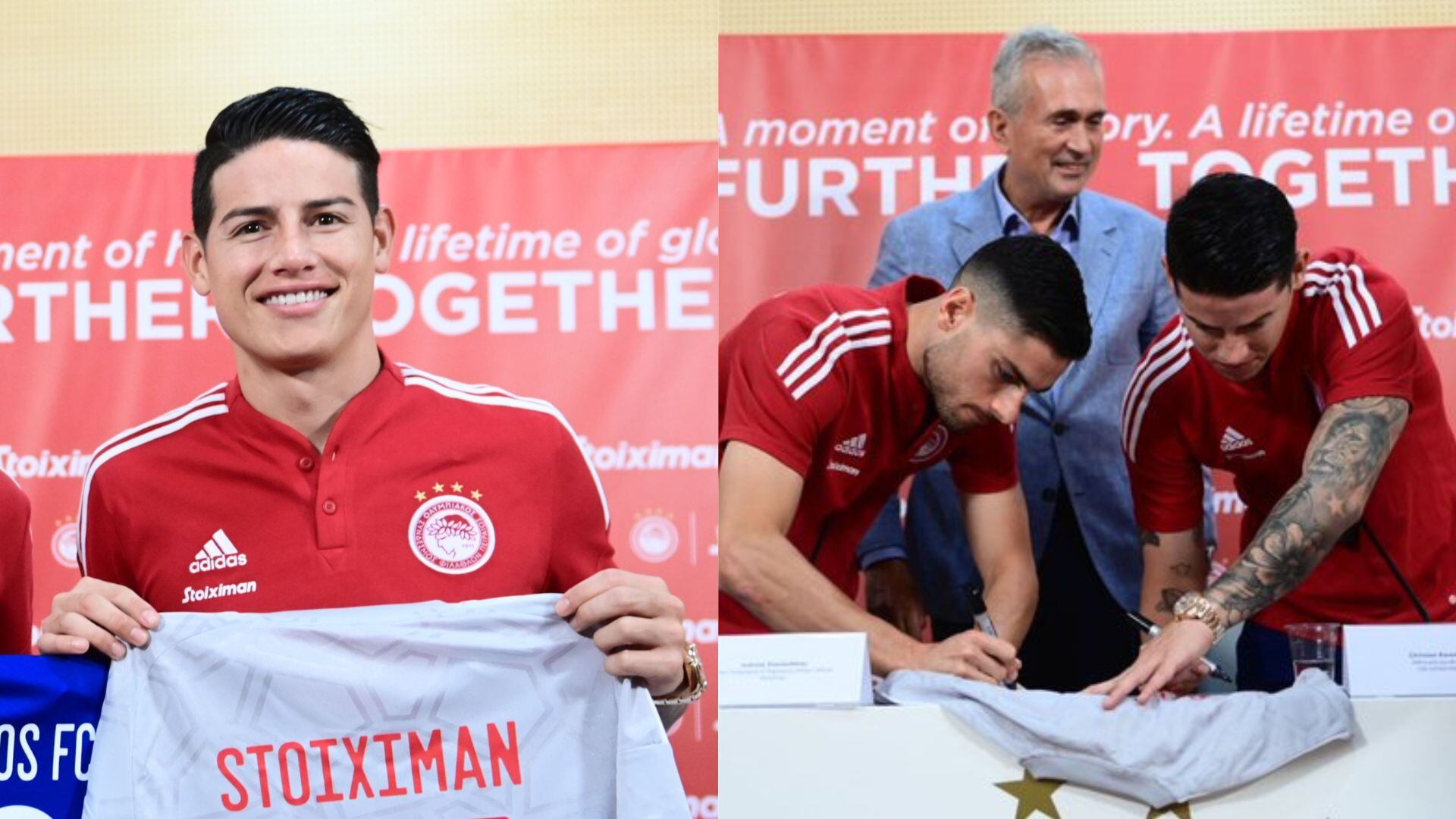 James fue la imagen de un evento del Olympiacos junto a un patrocinador.