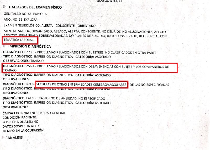 Foto historia clínica que muestra afectaciones laborales del paciente Diego Urréa.