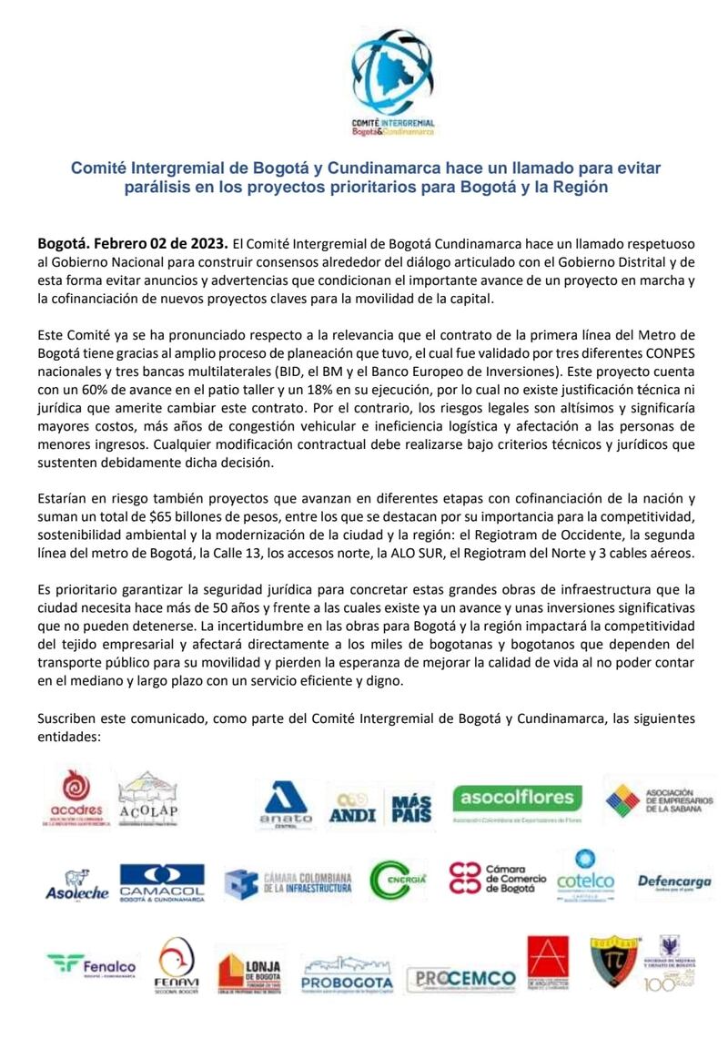Comunicado Comité Intergremial Metro