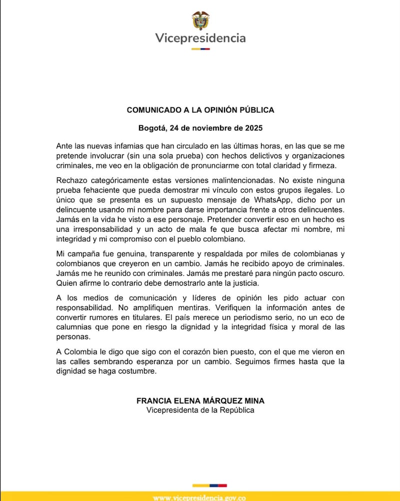 Comunicado Francia Márquez por relación con disidencias de las Farc