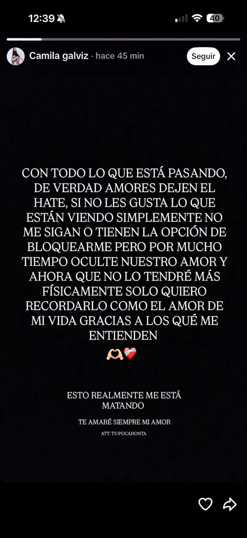 Publicación de Camila Galviz, presunta pareja extramatrimonial de Yeison Jiménez.