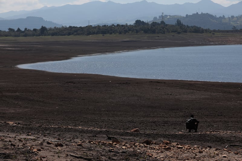 Detalle del bajo nivel de agua en el Embalse de San Rafael, en el municipio de La Calera, Cundinamarca, durante el ‘Fenómeno del Niño’ en abril de 2024