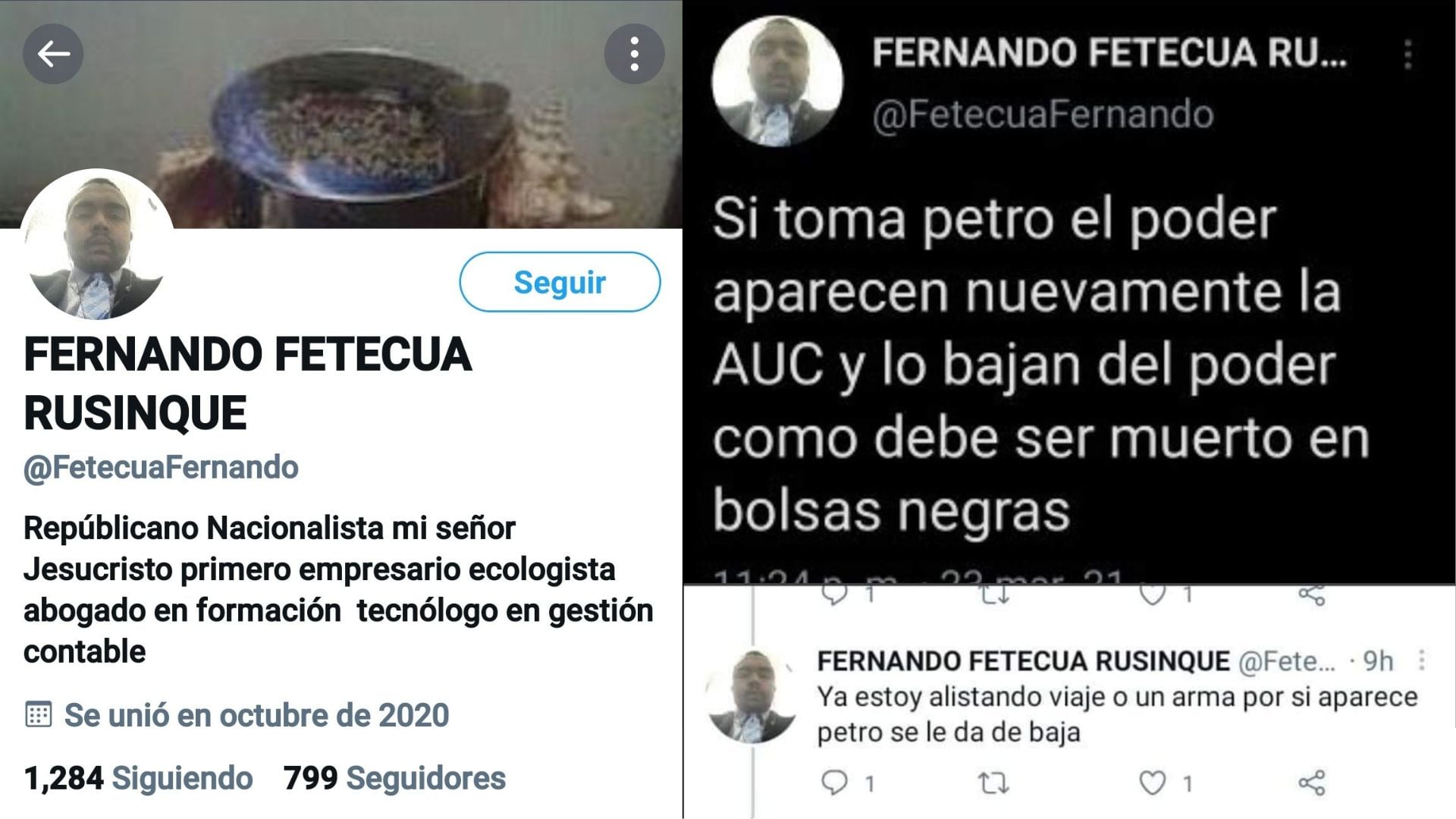 Tuits de Oscar fernando Fetecua contrao Gustavo Petro.
