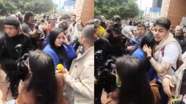 Foto de un grupo de ciudadanos en la Fundación Santa Fe ataca a periodista de RTVC que cubría atentado a Miguel Uribe.