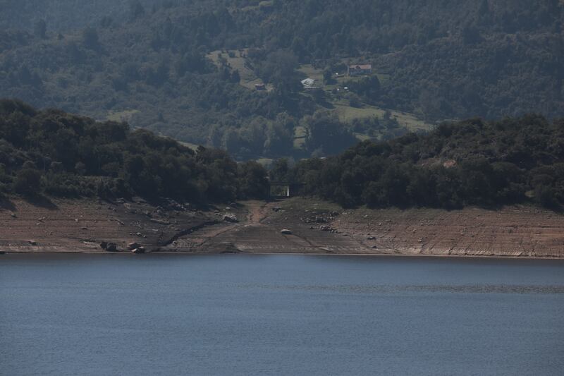 Detalle del bajo nivel de agua en el Embalse de San Rafael, en el municipio de La Calera, Cundinamarca, durante el ‘Fenómeno del Niño’ en abril de 2024