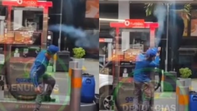 Video de una manguera fuera de control en bomba de gasolina.