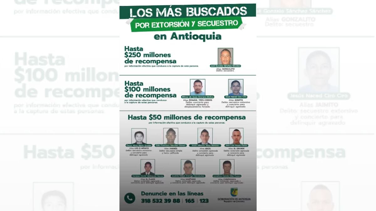Gobernador de Antioquia publicó cartel de los más buscados este 30 de septiembre del 2024. Se ofrece millonaria recompensa.