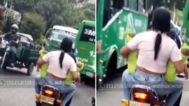 Transportan bebés en una moto