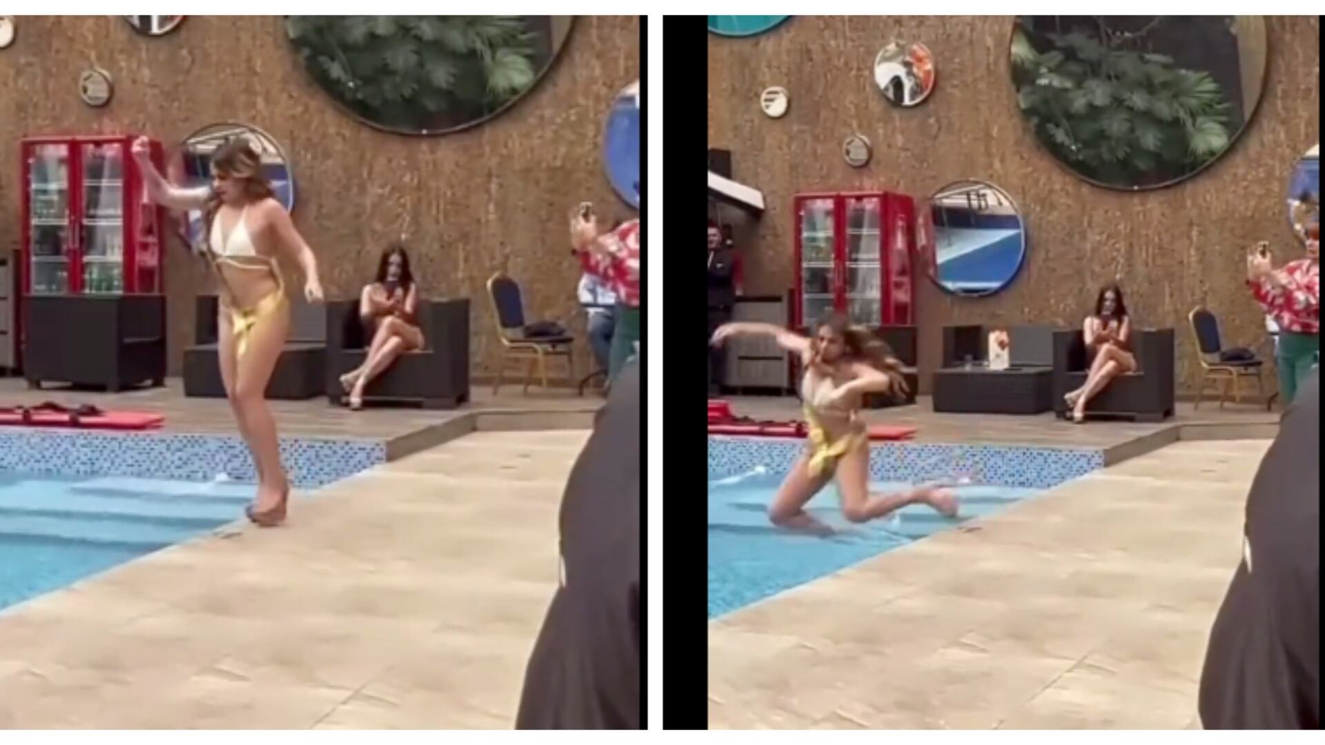 Reina de belleza cae a una piscina durante su pasarela en traje de baño: “Tremendo chapuzón” (Redes sociales)