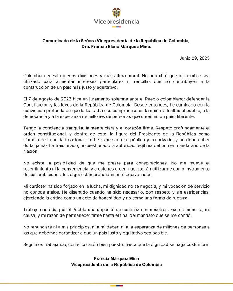 Comunicado Francia Márquez, domingo 29 de junio 2025