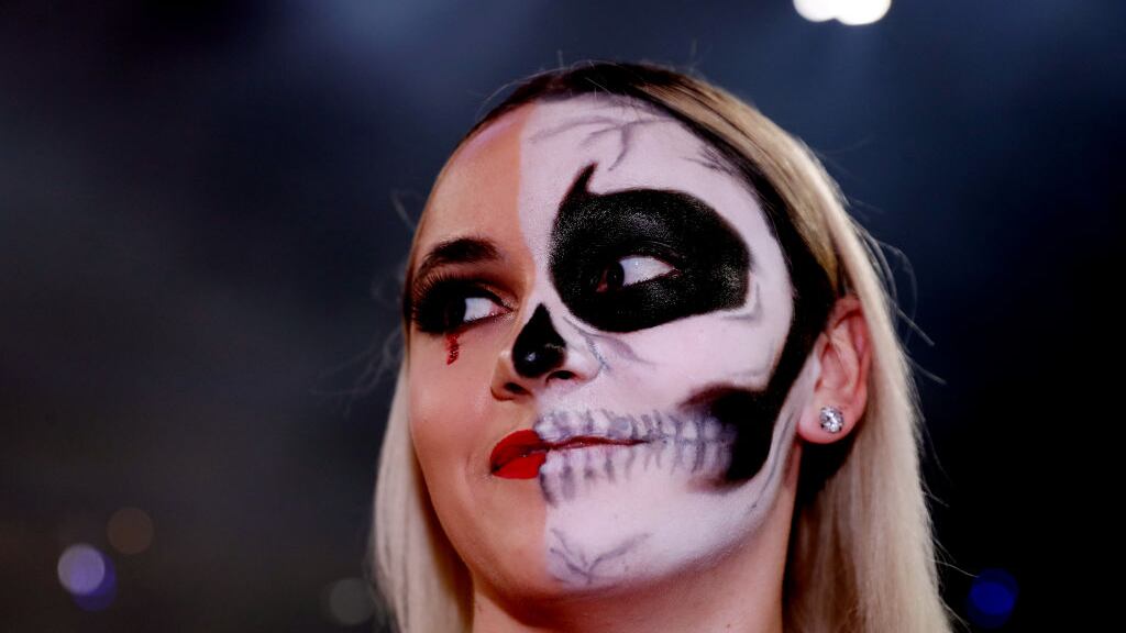 PERTH, AUSTRALIA - OCTOBER 28: A dancer in halloween make- up can be seen during the round five NBL match between Perth Wildcats and South East Melbourne Phoenix at RAC Arena, on October 28, 2022, in Perth, Australia.