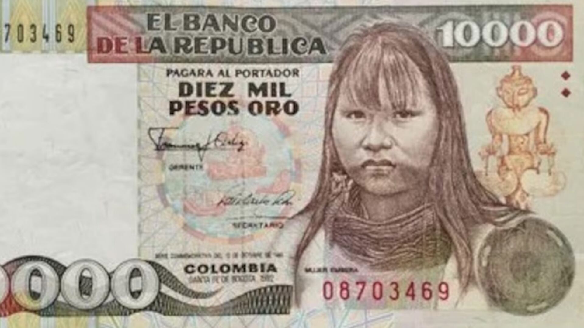 Billete colombiano de $10.000 en el año 1992 y 1994.