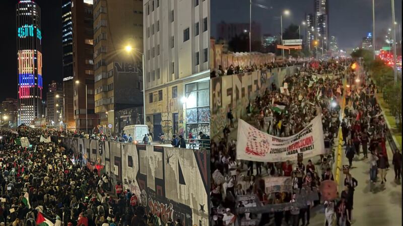 Marchas ProPalestina en Bogotá colapsaron el Centro a la altura de la Torre Colpatria y el Cementerio Central
