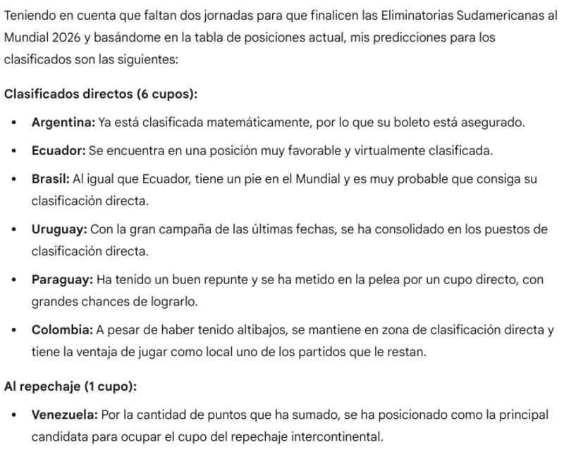Respuesta e la IA sobre los clasificados al Mundial