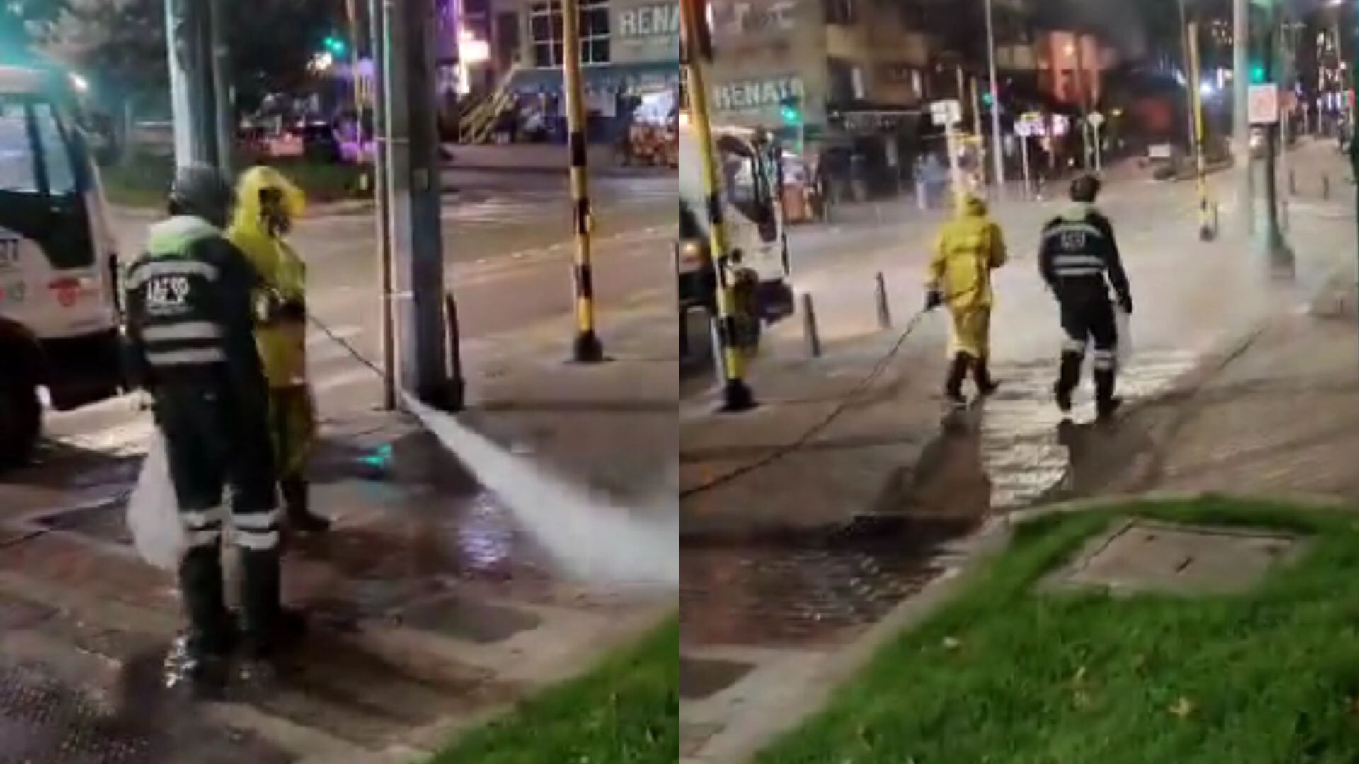 Trabajadores usaron agua a presión para limpiar las calles en Bogotá.
