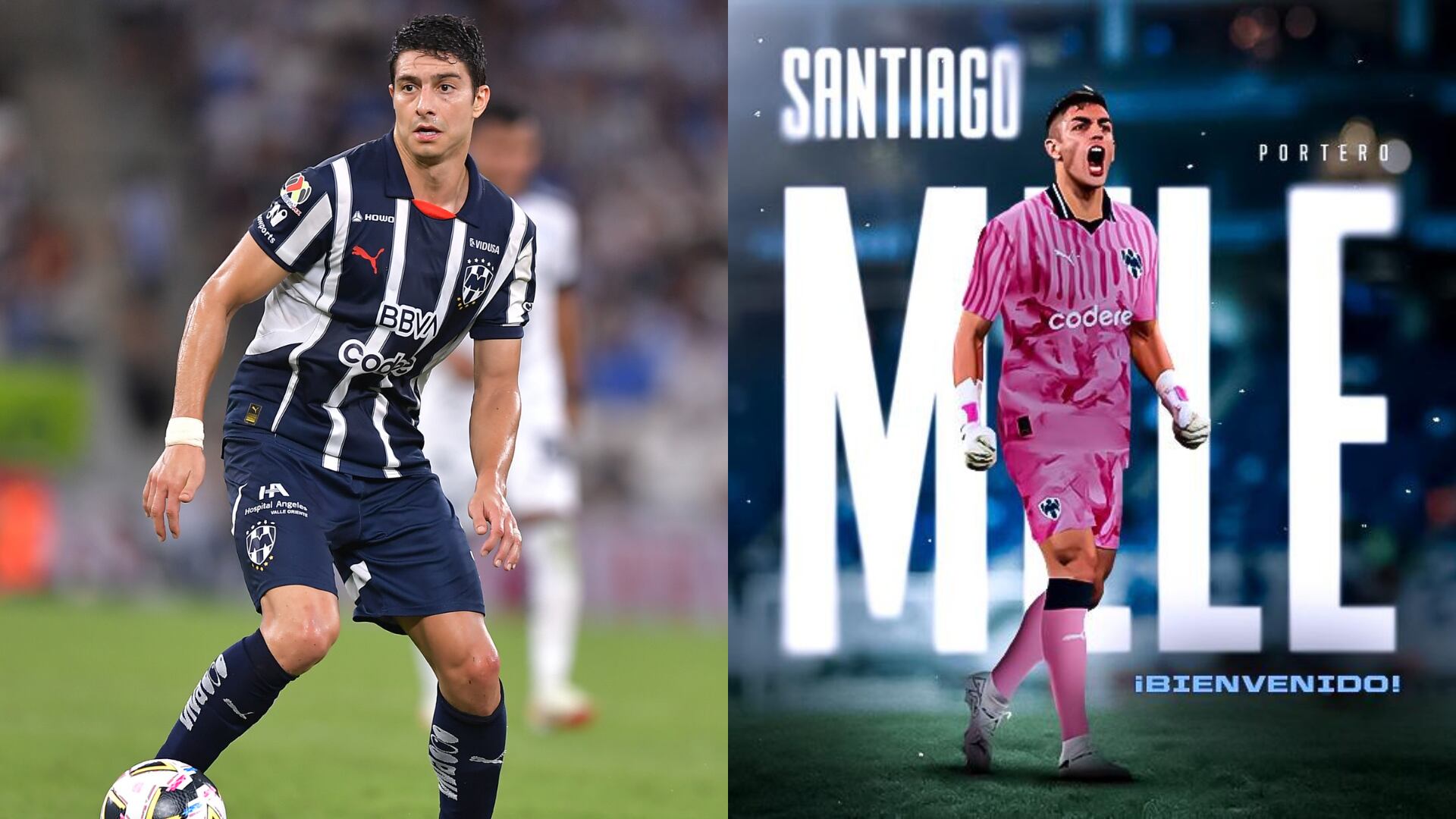Stefan Medina y Santiago Melé - Fotos: 1. Getty imágenes. 2. Redes sociales de Rayados de Monterrey tomada el 11 de septiembre de 2025