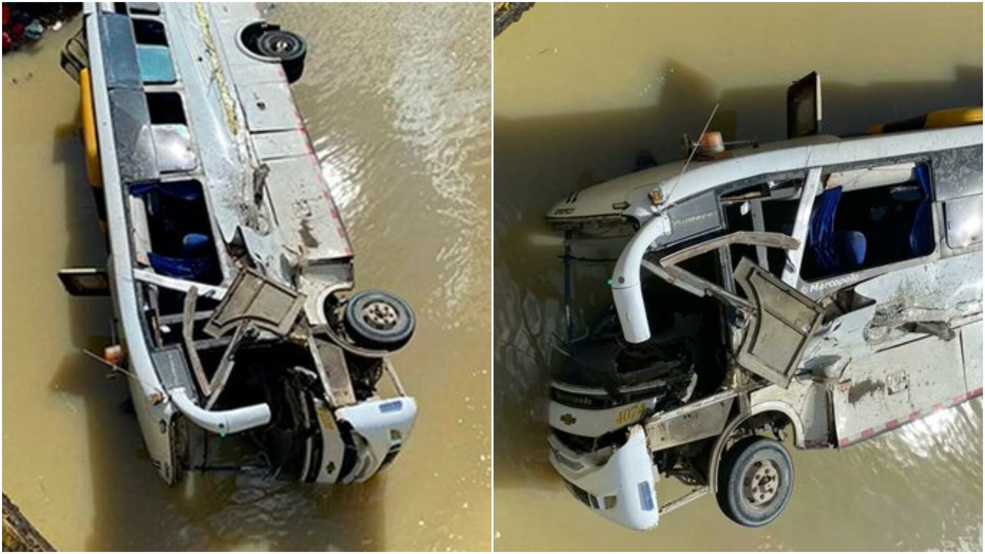 Accidente de autobús en Chocó: vehículo cayó de un puente dejando varios heridos (Foto vía: redes sociales y captura de pantalla de RCN)