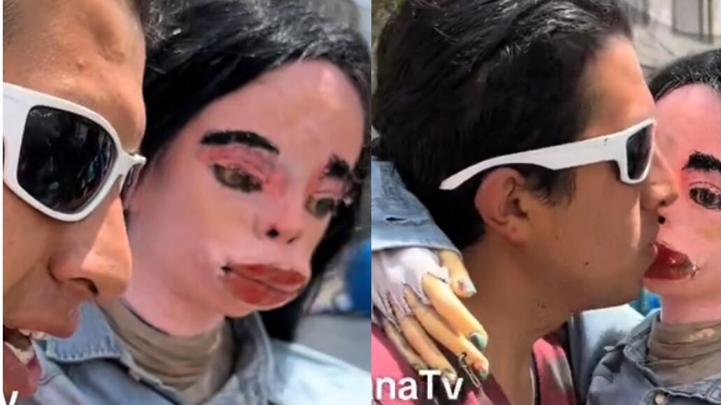 Hombre con esposa e hijo de trapo reaparece hablando con ellos en público y causa preocupación