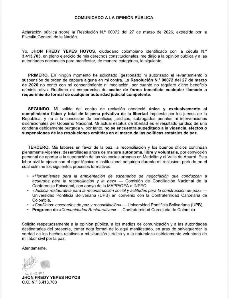 Foto comunicado Jhon Fredy Yepes Hoyos.