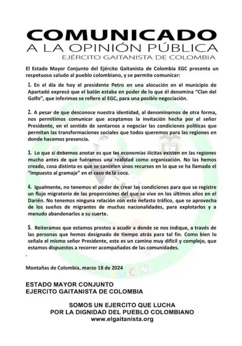 Clan del Golfo aceptó propuesta de un diálogo de paz con el Gobierno Petro