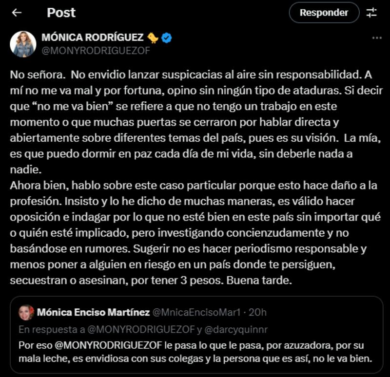 A Mónica Rodríguez la acusaron de ser envidiosa con sus colegas y no se quedó callada.