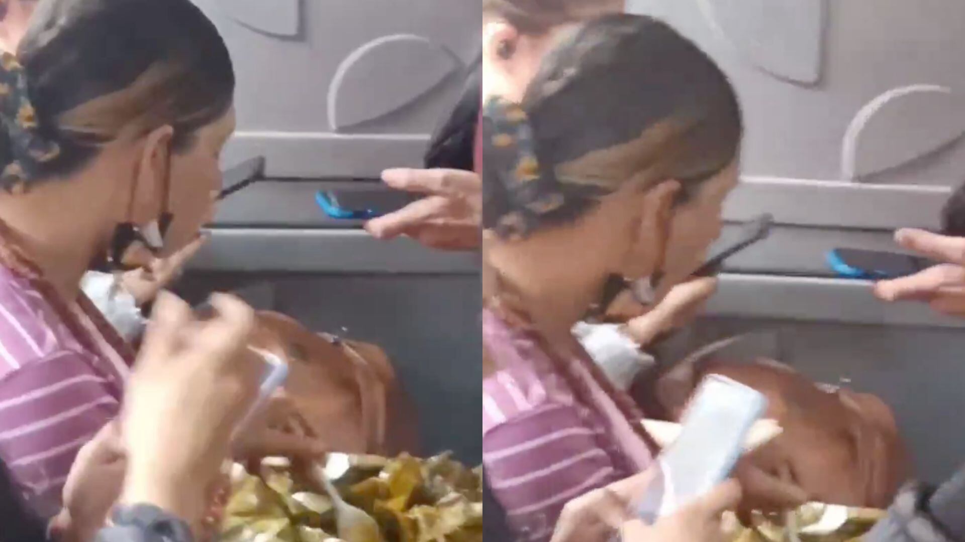 Mujer comió tamal en Transmilenio