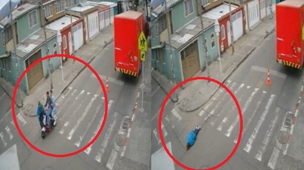 Foto dos jóvenes atropellan con patineta eléctrica a una adulta mayor y la dejan tirada en el pavimento en Bogotá.
