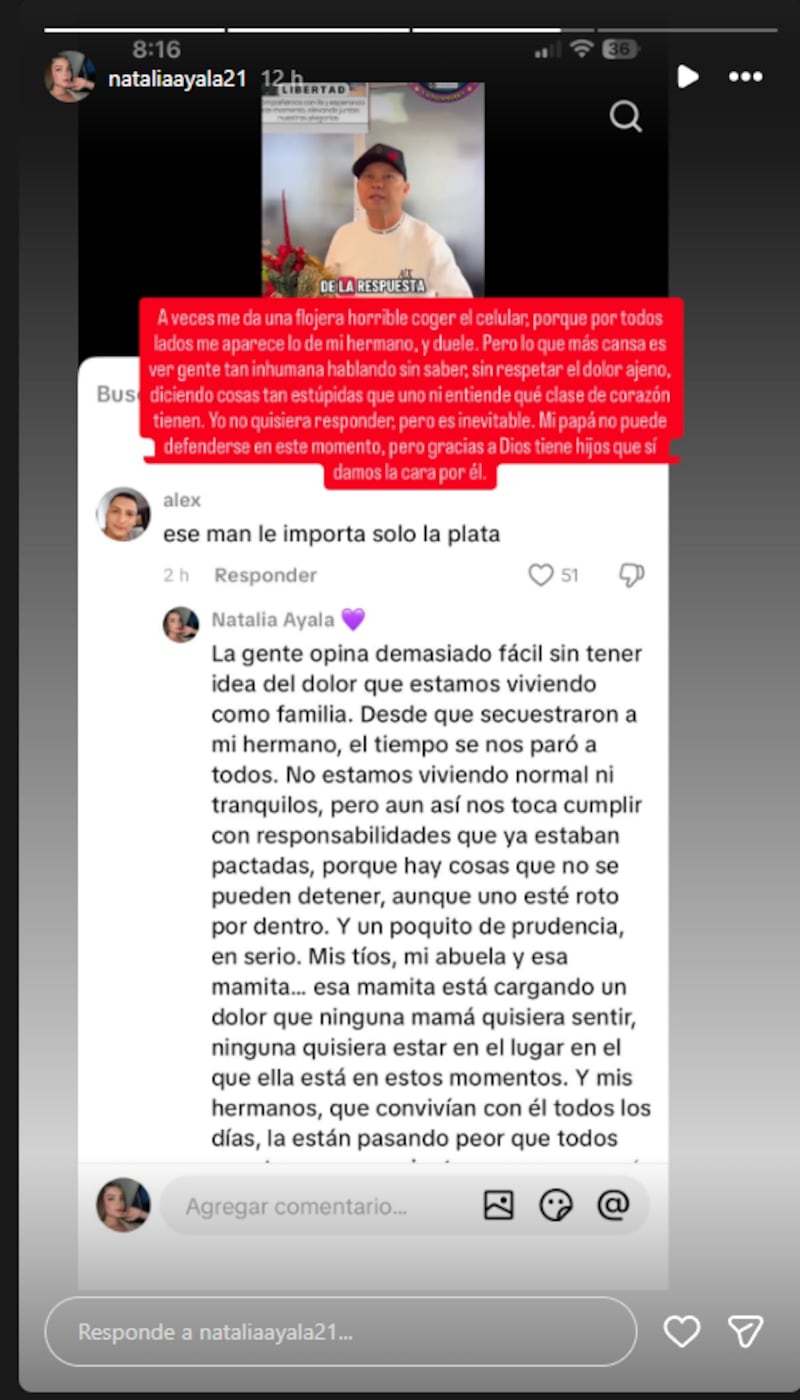 Natalia Ayala defendió a su papá por malos comentarios tras el secuestro de su hermano Miguel