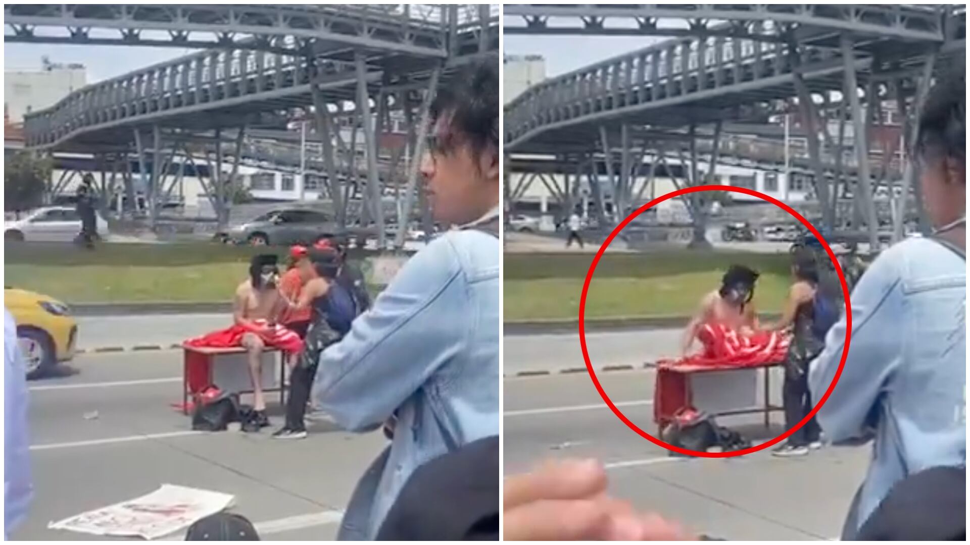 Manifestantes de la ‘Nacho’ posan “en bola” a mitad de calle mientras estudiantes los pintan (Redes sociales)