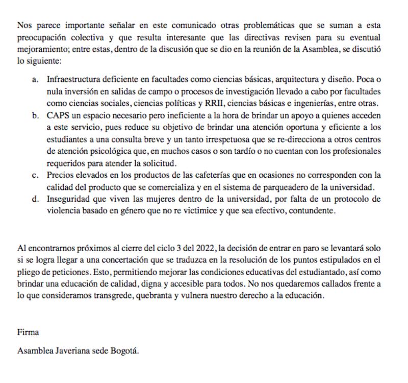 Comunicado estudiantes U. Javeriana - paro indefinido