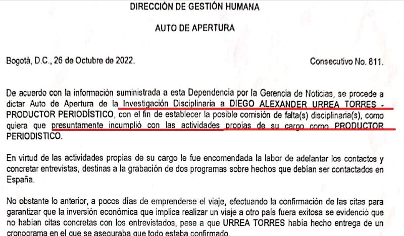 Carta de apertura de investigación disciplinaria de Canal Caracol contra Diego Urréa, después de su emergencia médica.