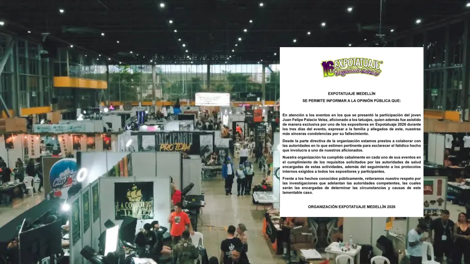Comunicado de Expotatuaje sobre fallecimiento de joven tras tatuarse en el evento.