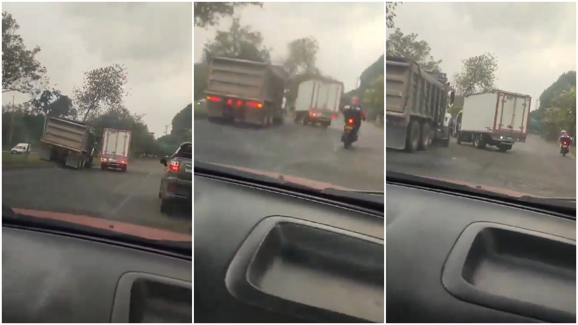 La imagen muestra como el conductor del furgón cierra a la volqueta obligándola a que se suba a los separadores de la vía.