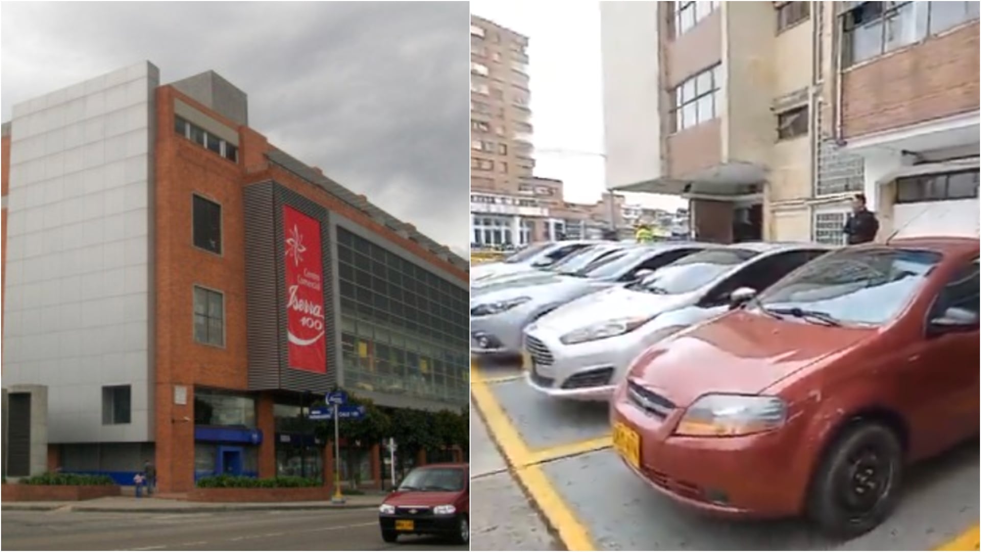 Recuperan 10 carros robados por el Concesionario Autos del Cedro, situado en el Centro Comercial Iserra 10 (Foto de la fachada de Iserra 100, tomada de redes sociales, y captura de pantalla de los carros recuperados compartida por Caracol Radio)