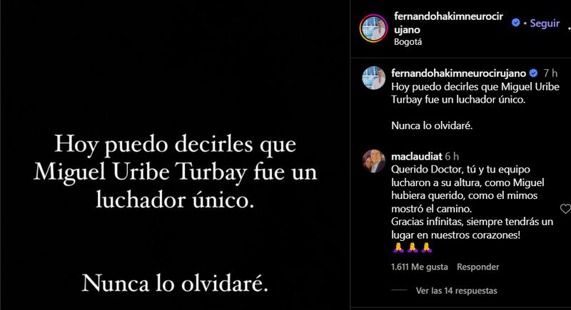 Mensaje del cirujano de Miguel Uribe Turbay (Redes sociales)