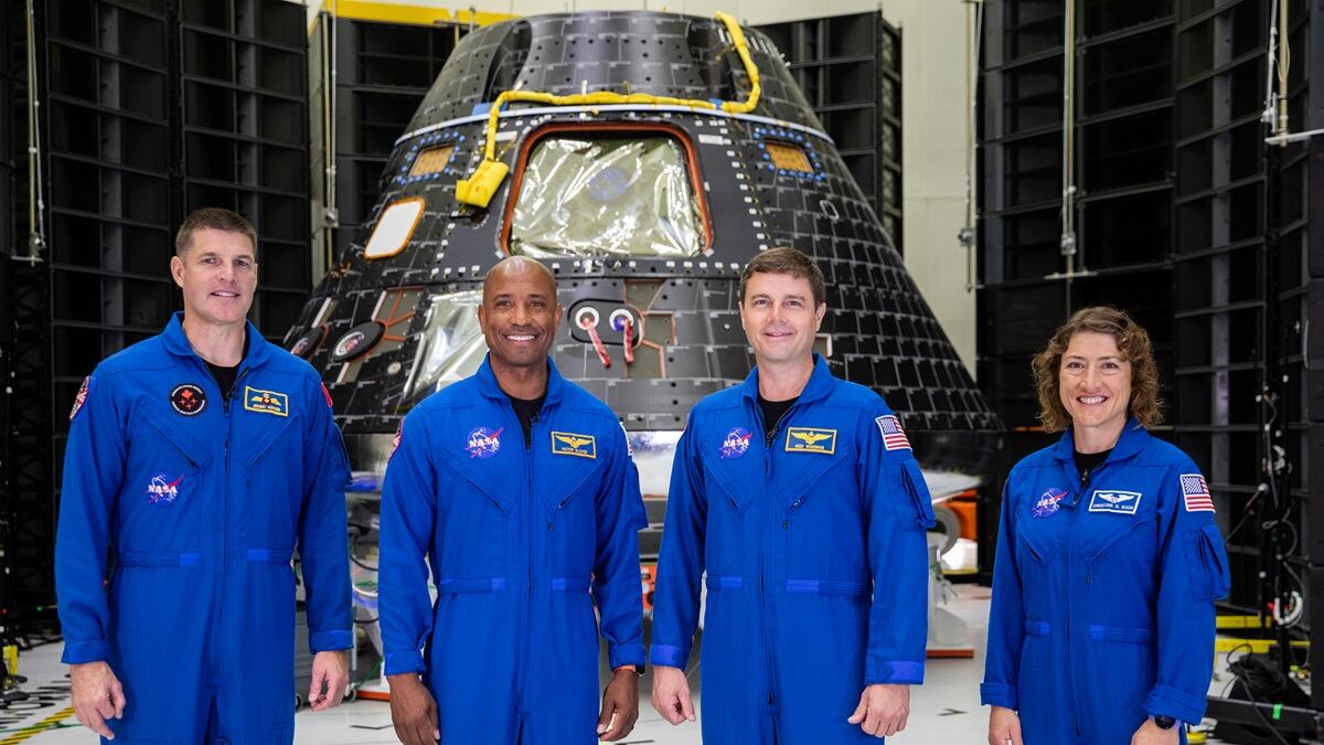 Artemis II crew members, shown inside the Neil Armstrong Operations and Checkout Building at NASA’s Kennedy Space Center in Florida. NASA